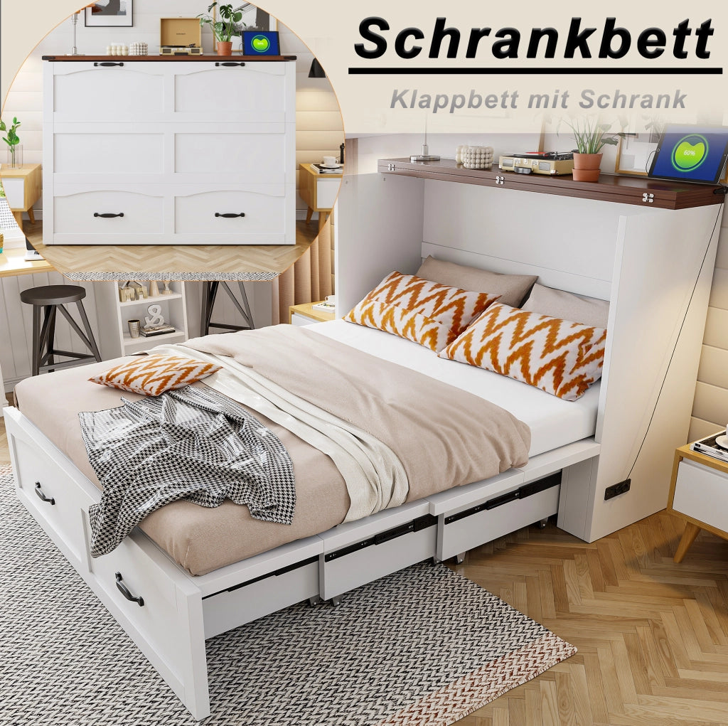 Letto a scomparsa estraibile 140 x 200 cm con presa europea; legno e metallo; bianco
