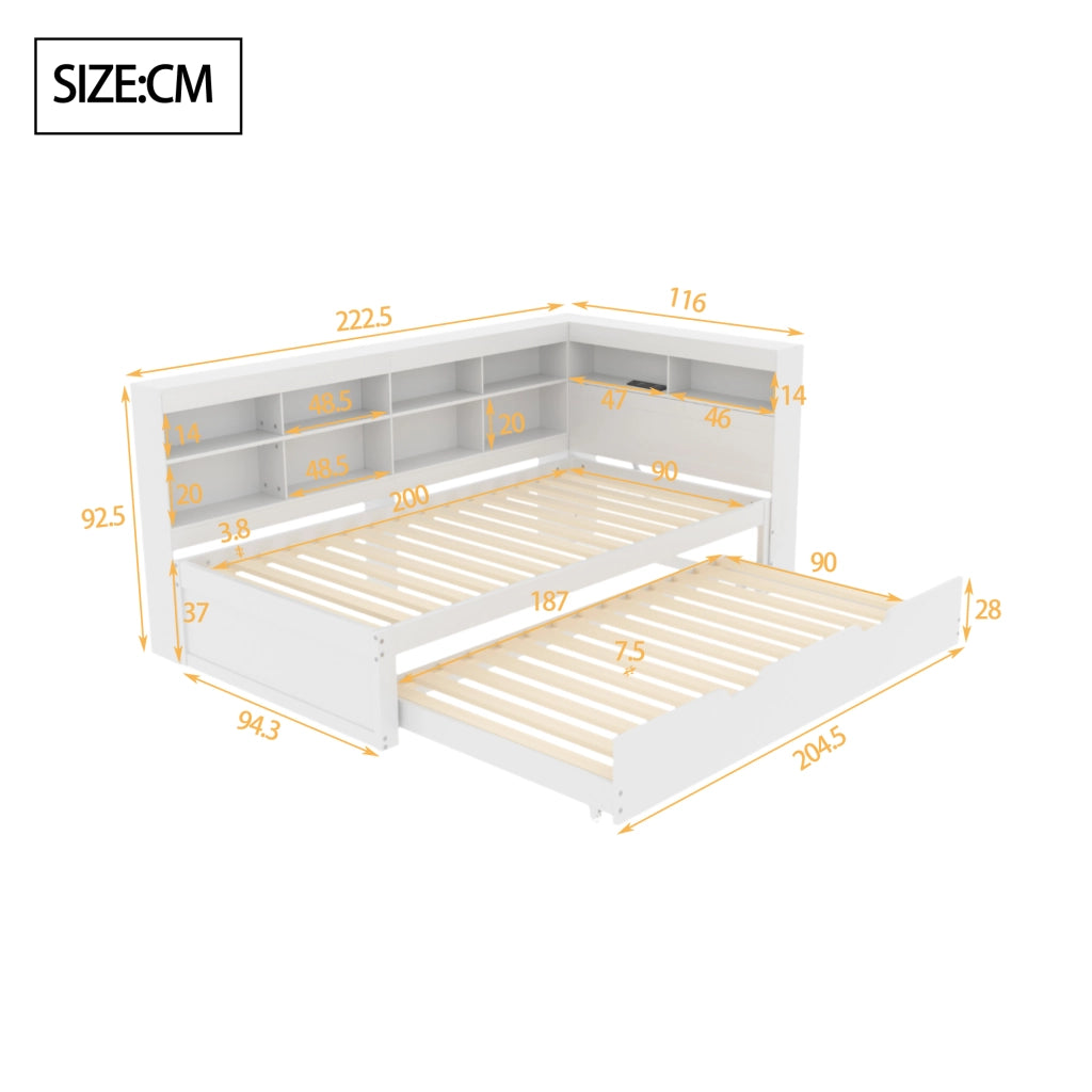 DESMIU Letto singolo 90 × 200 cm con letto estraibile 90 × 190 cm, USB e vani, senza materasso, bianco