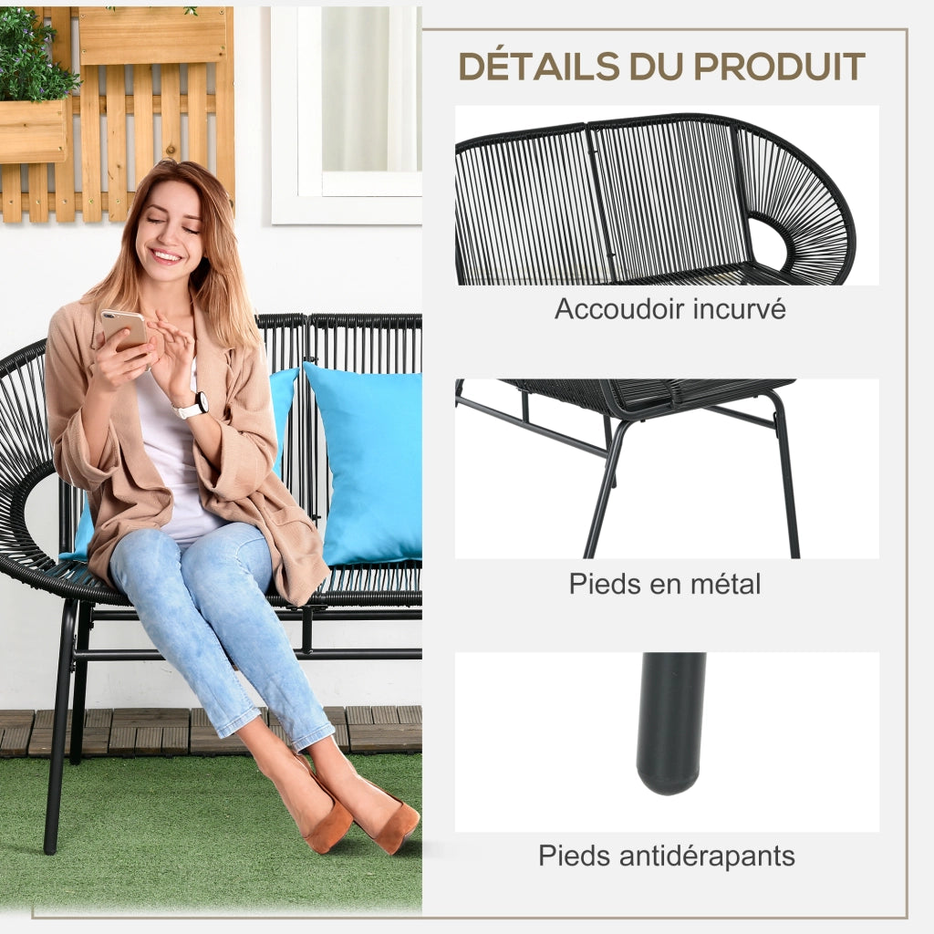 Divano da giardino 2 posti in metallo e corda con 2 cuscini ¨C zephmum ¨C nero 132x72x83 cm