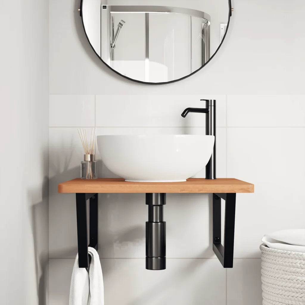 Ripiano a Parete per Lavabo-Mensole a Muro in Acciaio e Massello di Faggio 117287