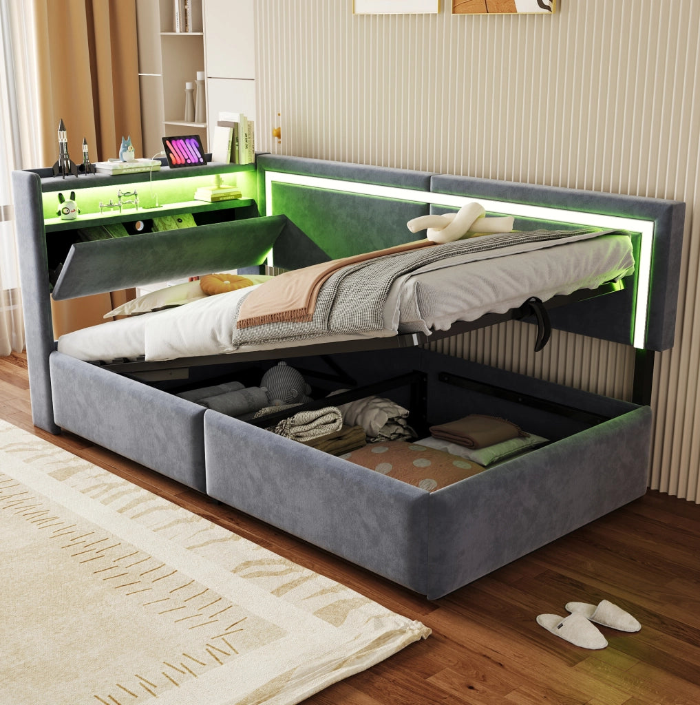 Divano letto imbottito 90x200 cm in velluto grigio con LED; USB e contenitore