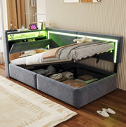 Divano letto imbottito 90x200 cm in velluto grigio con LED; USB e contenitore