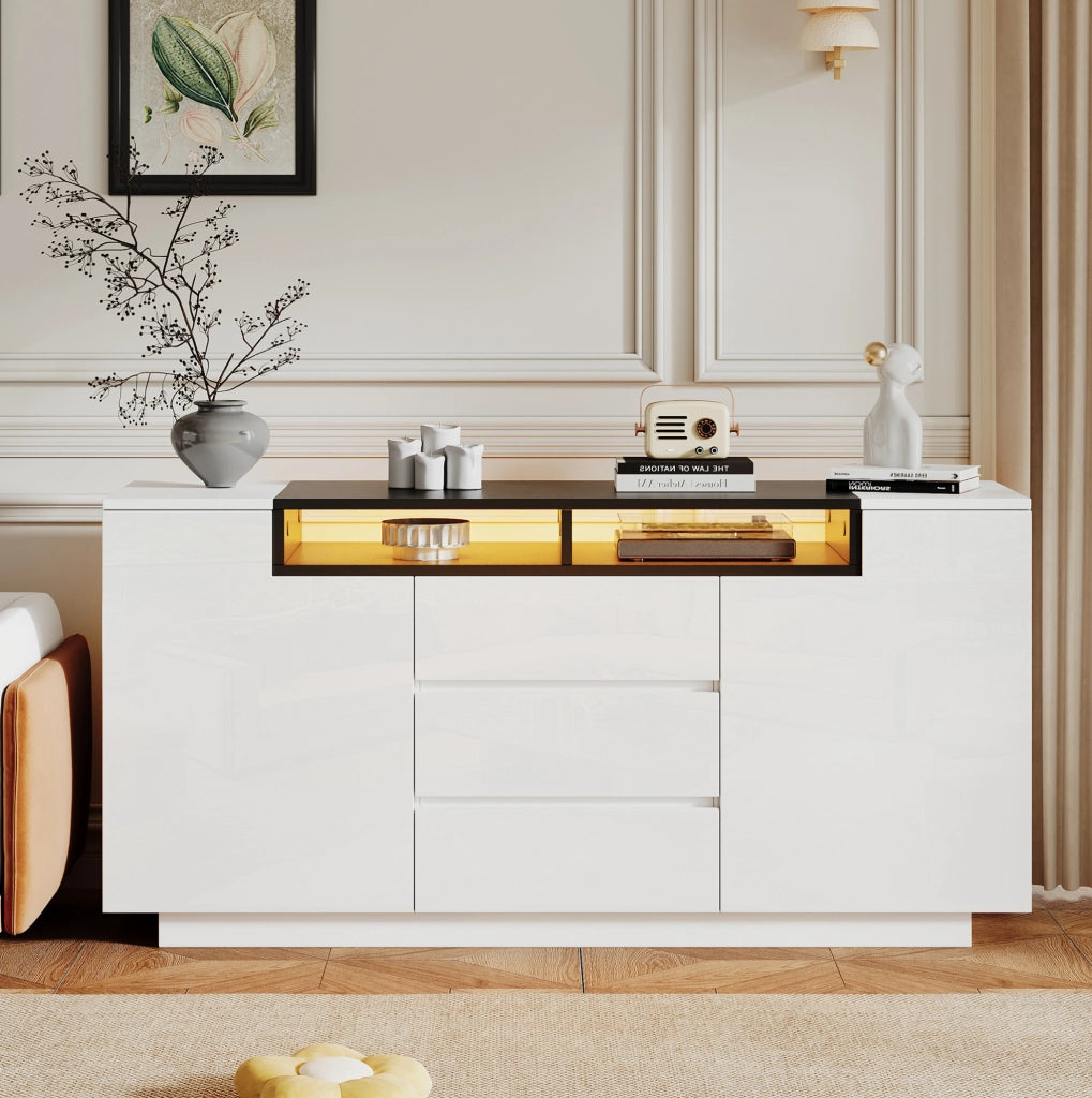 Sideboard soggiorno 140x40x68 cm bianco e nero con LED