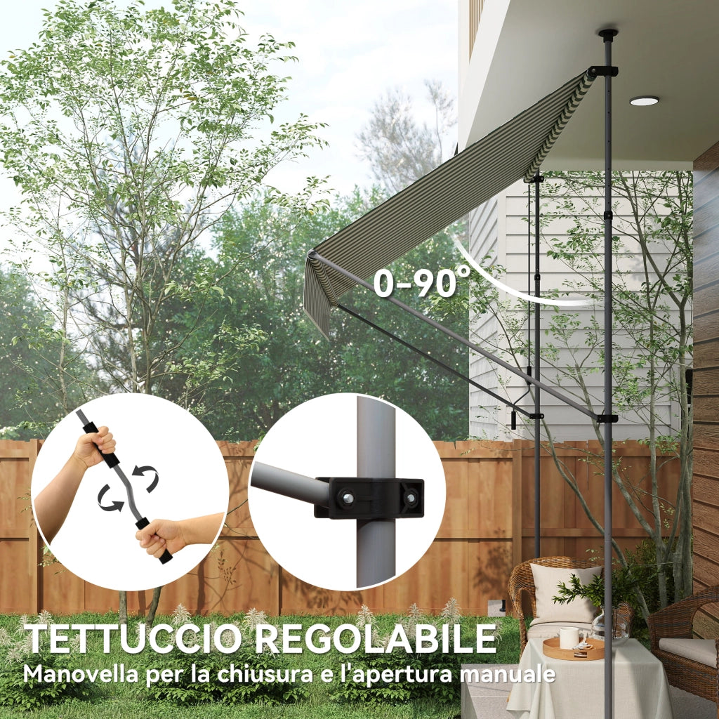 Tenda da Sole 2x1.2 m con Supporti Regolabili e Manovella, in Alluminio, Metallo e Poliestere, Verde e Bianco