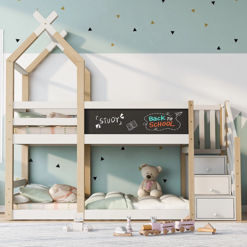 Letto a Castello 90x200 cm con Lavagna; Contenitore nella Scala e Sponda Bianca