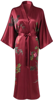 Kimono da notte in seta 100% - Camicia da camera classica con fiori - Camicia da notte in seta (Bordeaux scuro-A)