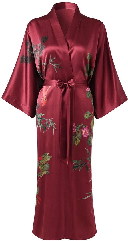 Kimono da notte in seta 100% - Camicia da camera classica con fiori - Camicia da notte in seta (Bordeaux scuro-A)