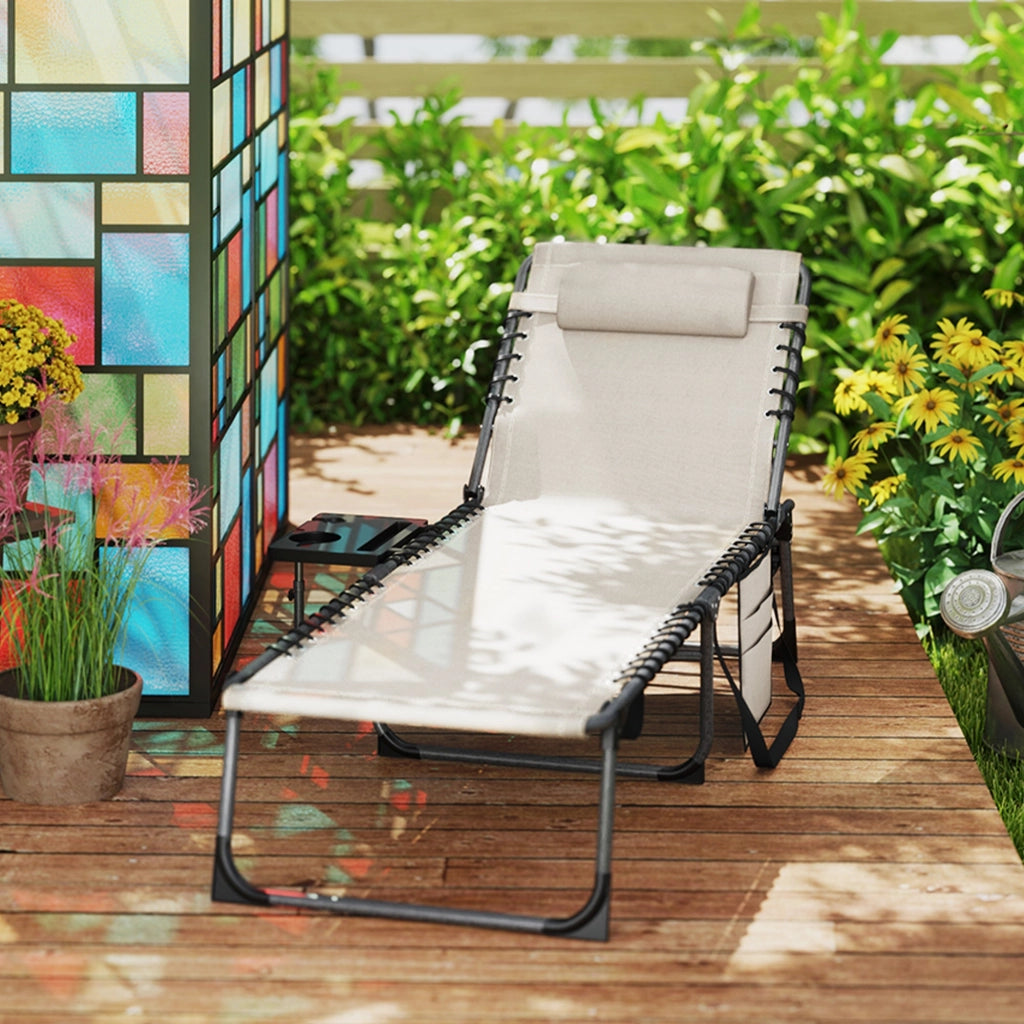 Sdraio da Giardino Pieghevole 60x190x31 cm Reclinabile a 5 Livelli con Tavolino Laterale e Tasca Crema