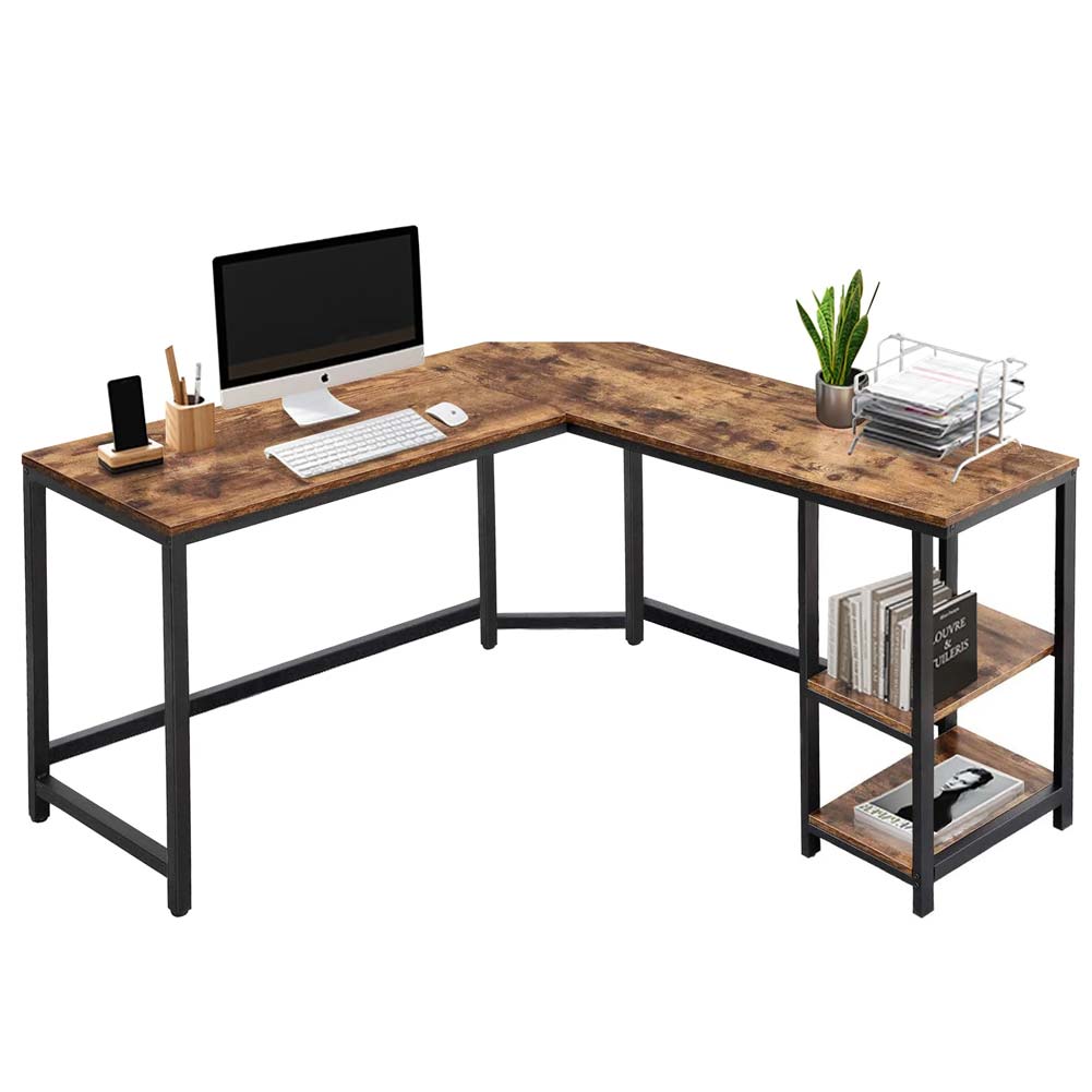 Scrivania Angolare Porta PC Stile Industriale con Libreria in Metallo e Legno mdf