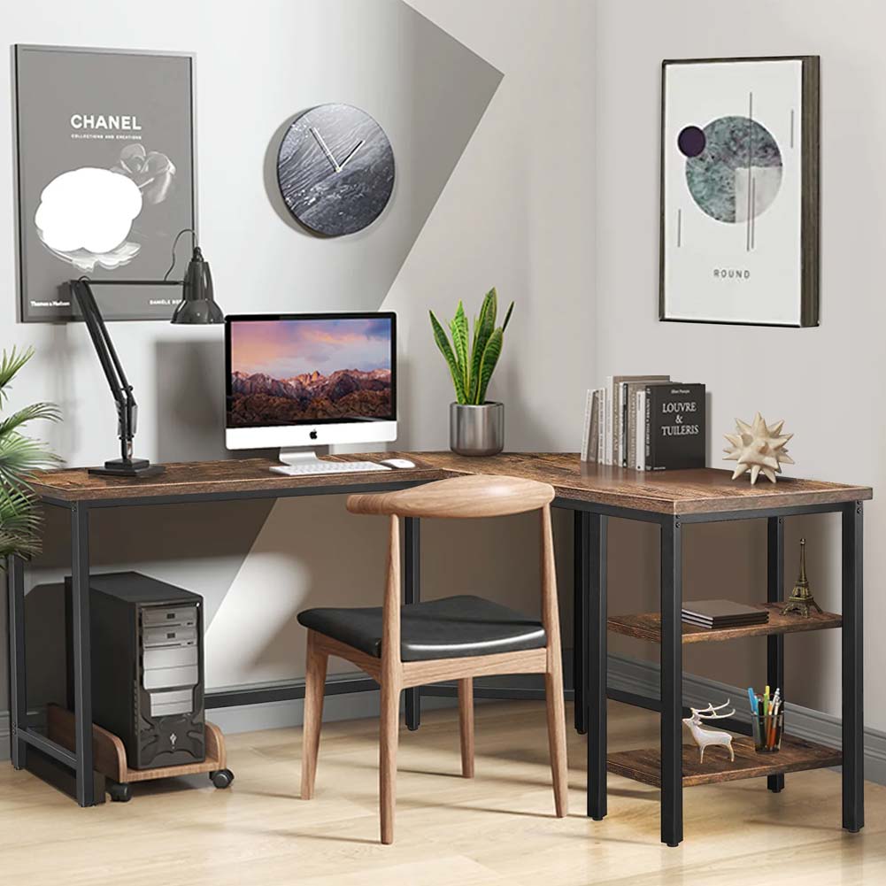 Scrivania Angolare Porta PC Stile Industriale con Libreria in Metallo e Legno mdf