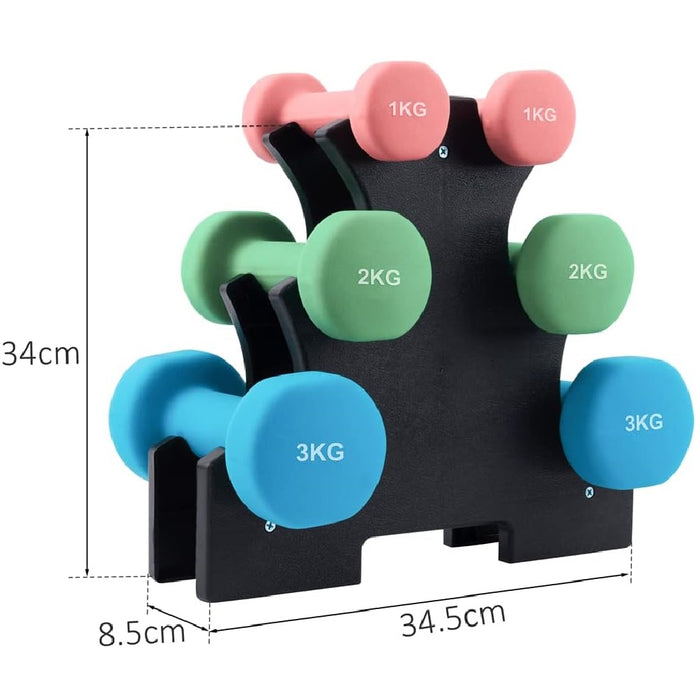 Set Manubri Palestra 6 Pesi Fitness 1kg 2kg 3kg con Supporto Stand Antirumore