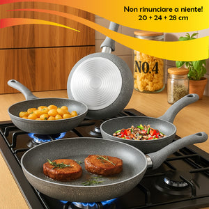 Set 3 Padelle Primolla 20-24-28cm in Alluminio Effetto Pietra Piano Cottura Gas