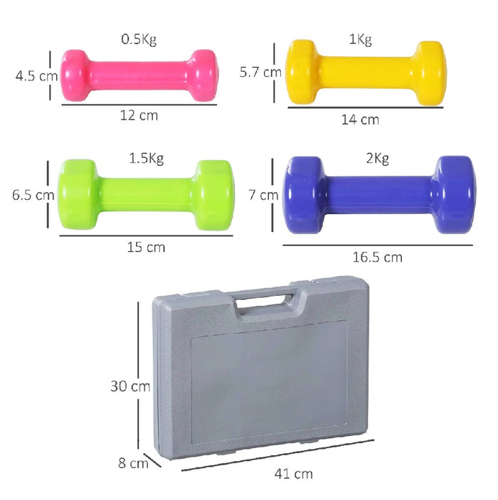 Set Manubri Palestra 8 Pesi Fitness con Valigetta 0.5kg 1kg 1.5kg 2Kg colorati