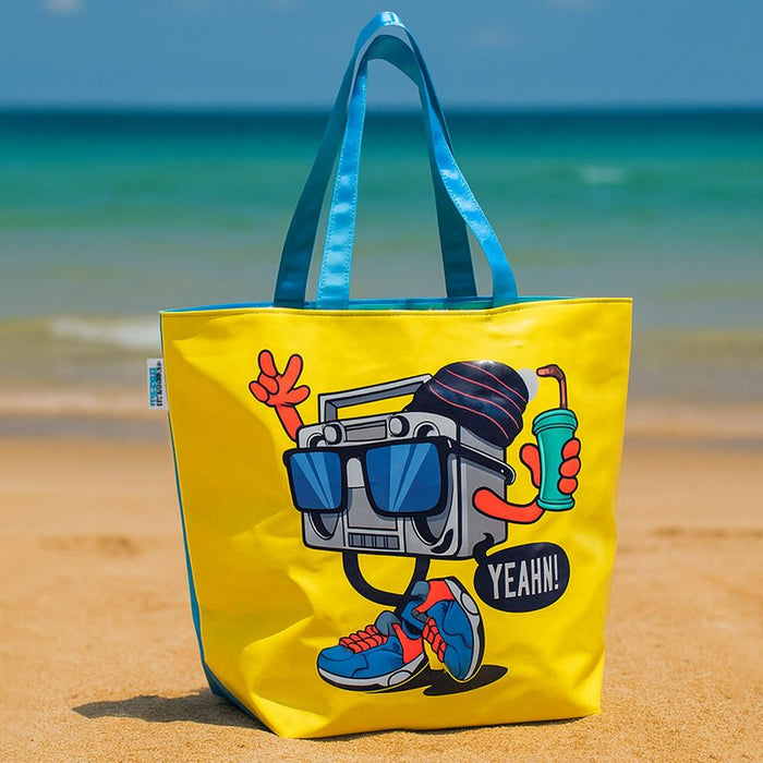 BORSA MARE SPIAGGIA CON MANICI STAMPA RADIO 55X45X22CM ENRICO COVERI 4 COLORI