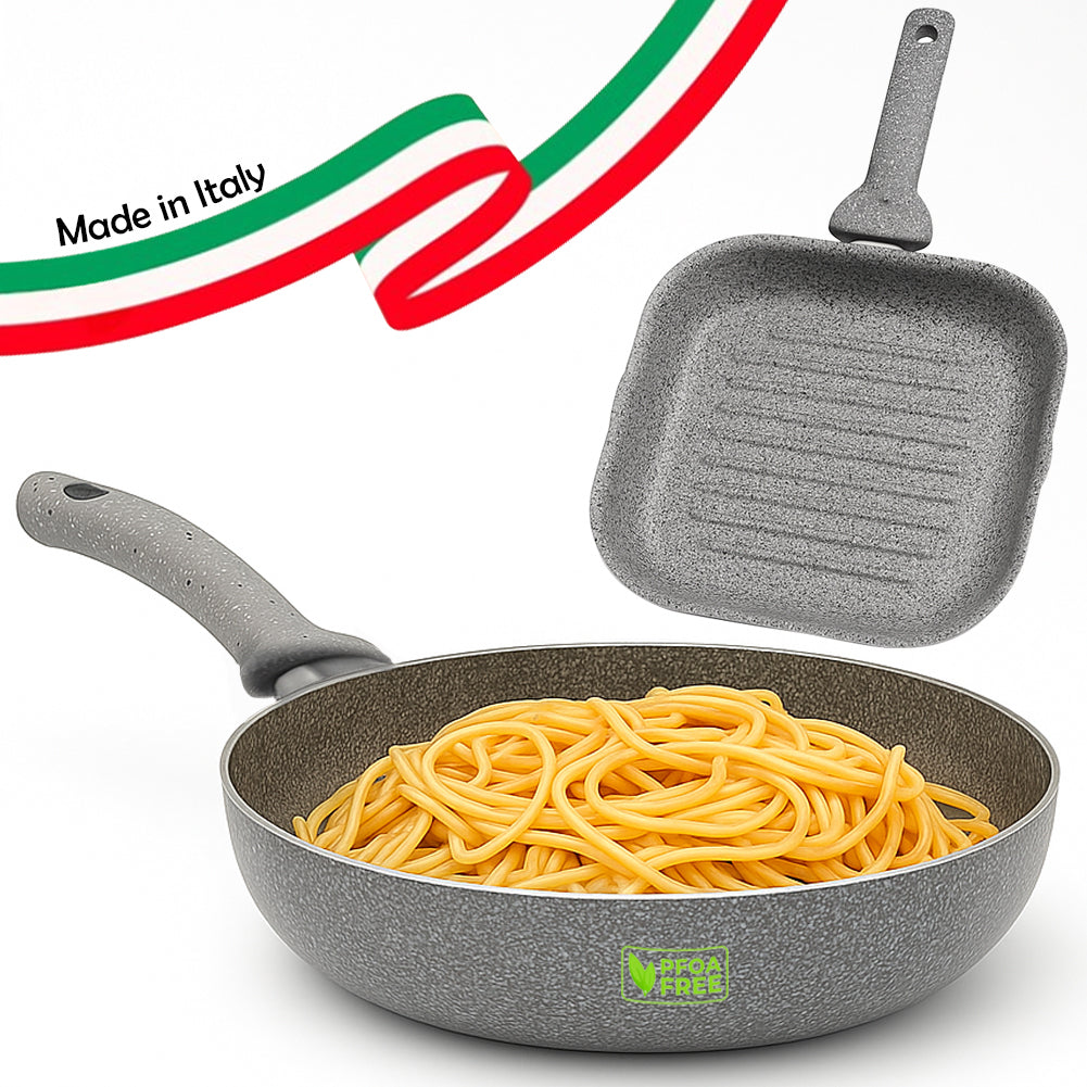Set Padella 32cm e Bistecchiera 24x24cm Rivestimento Antiaderente Effetto Pietra
