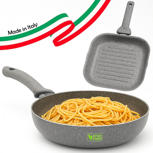 Set Padella 32cm e Bistecchiera 24x24cm Rivestimento Antiaderente Effetto Pietra