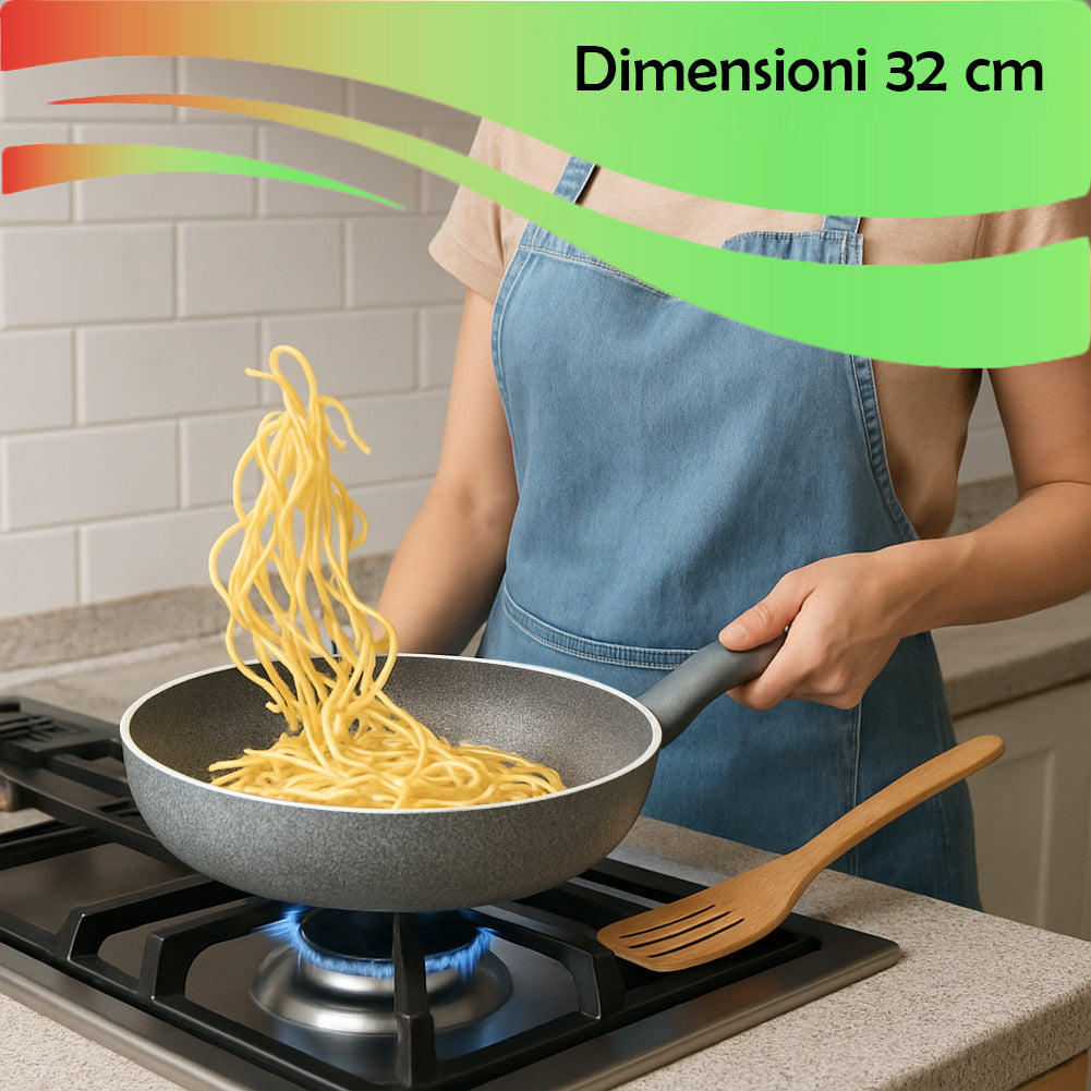 Set Padella 32cm e Bistecchiera 24x24cm Rivestimento Antiaderente Effetto Pietra