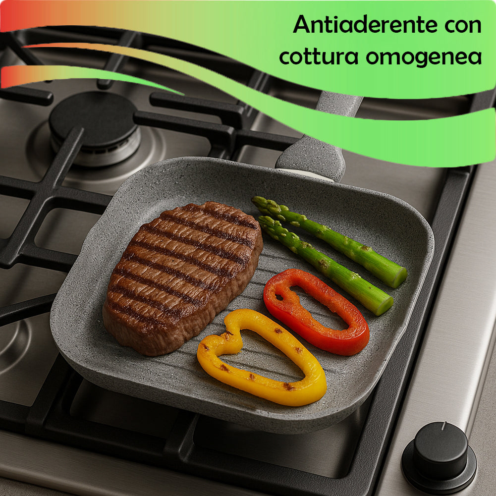 Set Padella 32cm e Bistecchiera 24x24cm Rivestimento Antiaderente Effetto Pietra