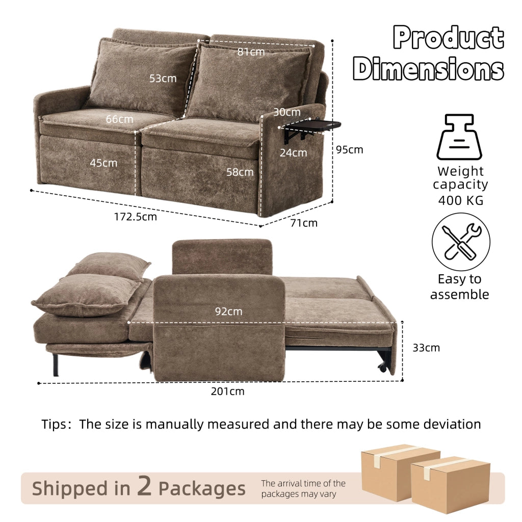Divano letto 3 in 1 pieghevole con schienale regolabile a 5 livelli porta USB e tasche laterali in chenille marrone