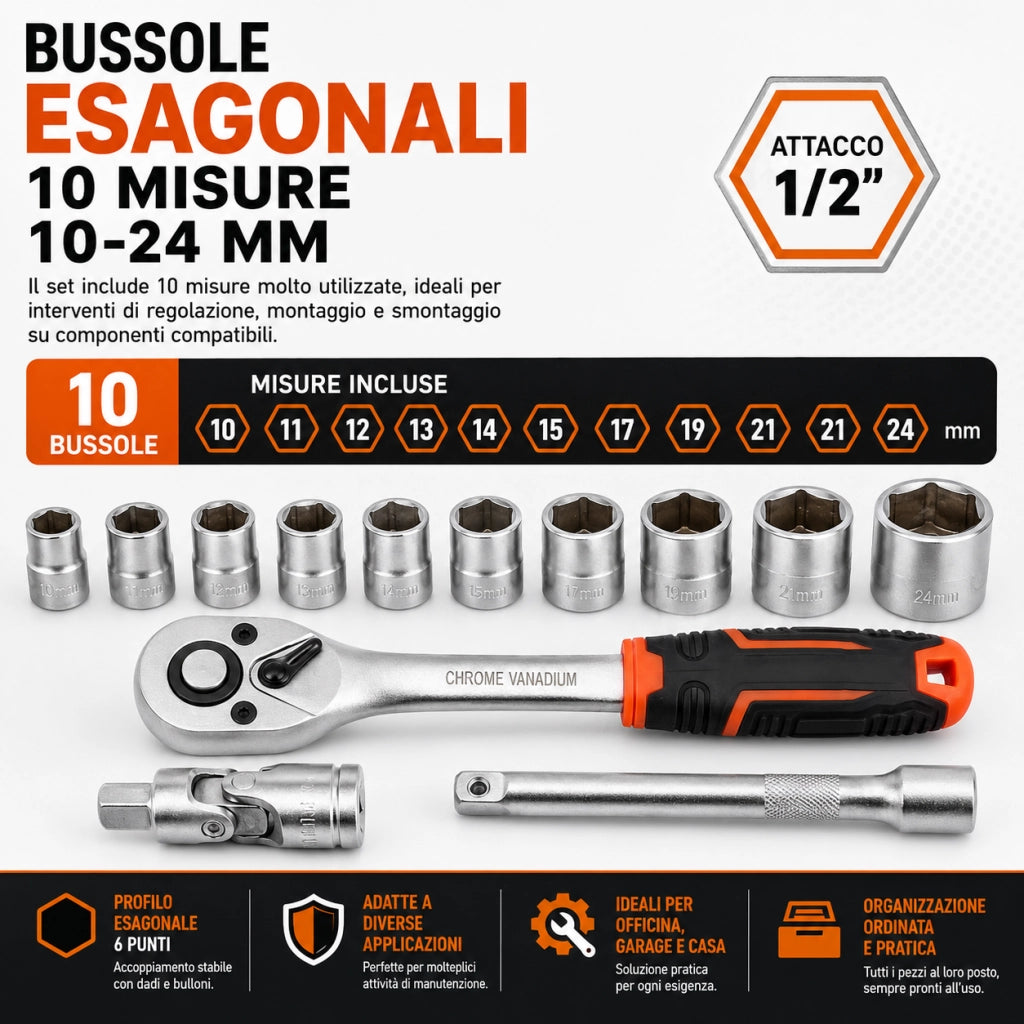 Set Chiave a Bussola  1/2" 13 Pezzi con Cricchetto Prolunga Da 10 a 24 WIB-193