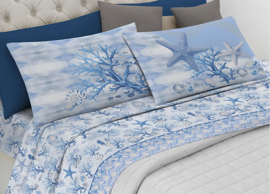 Completo Lenzuola Letto Pensieri Delicati 100% Cotone Dis. Marina New - Matrimoniale - Blu