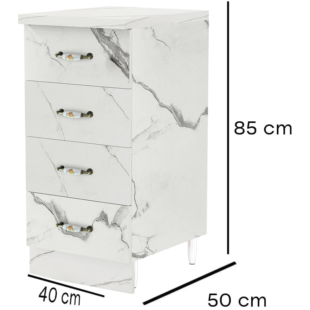 Cassettiera per Cucina Mobile Mobiletto 4 Cassetti in Legno Bianco Effetto Marmo