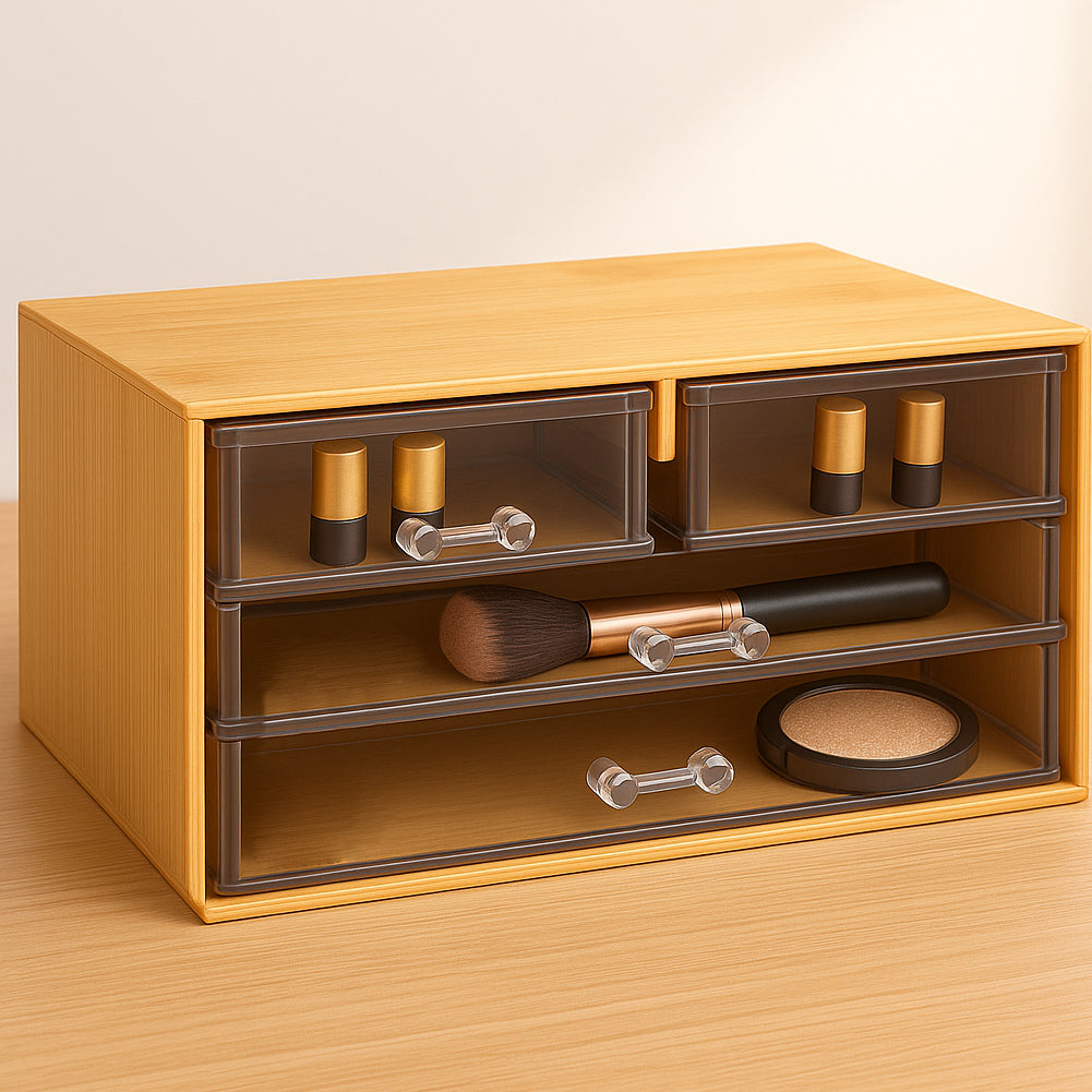 Organizer Porta Trucco in Bambù con 4 Cassetti Trasparenti Organizzatore Multiuso