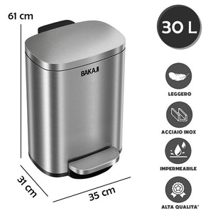 Pattumiera Rettangolare a Pedale 30L Bidone Spazzatura in Acciaio Inossidabile
