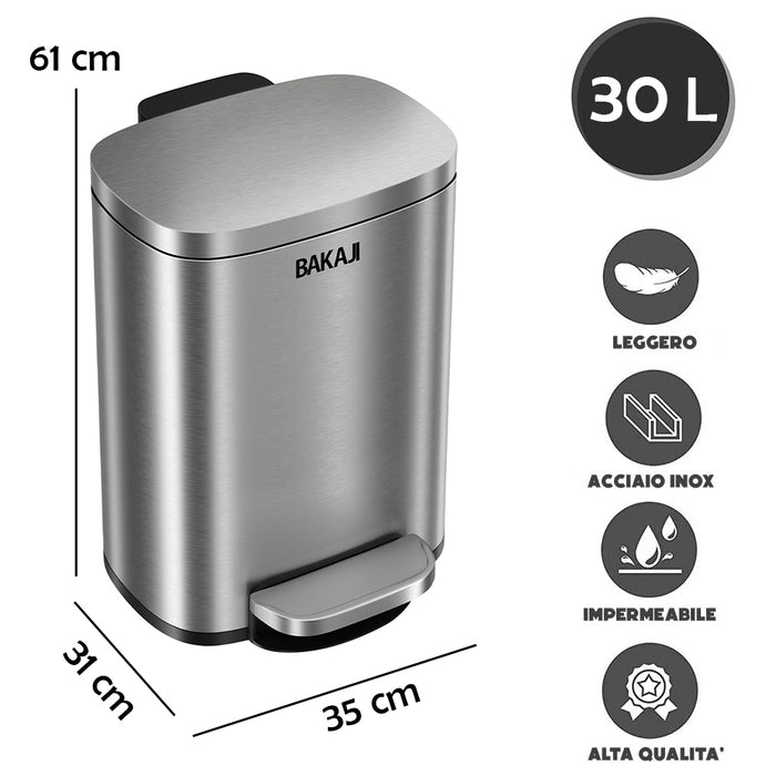 Pattumiera Rettangolare a Pedale 30L Bidone Spazzatura in Acciaio Inossidabile