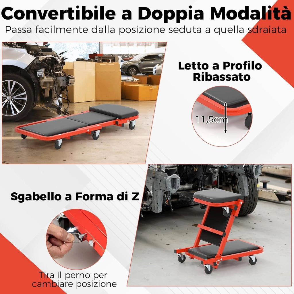 COSTWAY 2 in 1 Sgabello da Officina a Forma di Z, Carrello Meccanico sotto Auto con Sedile Imbottito e Ruote Girevoli a 360°, Portata 160 kg, per Garage e Officina (Nero)