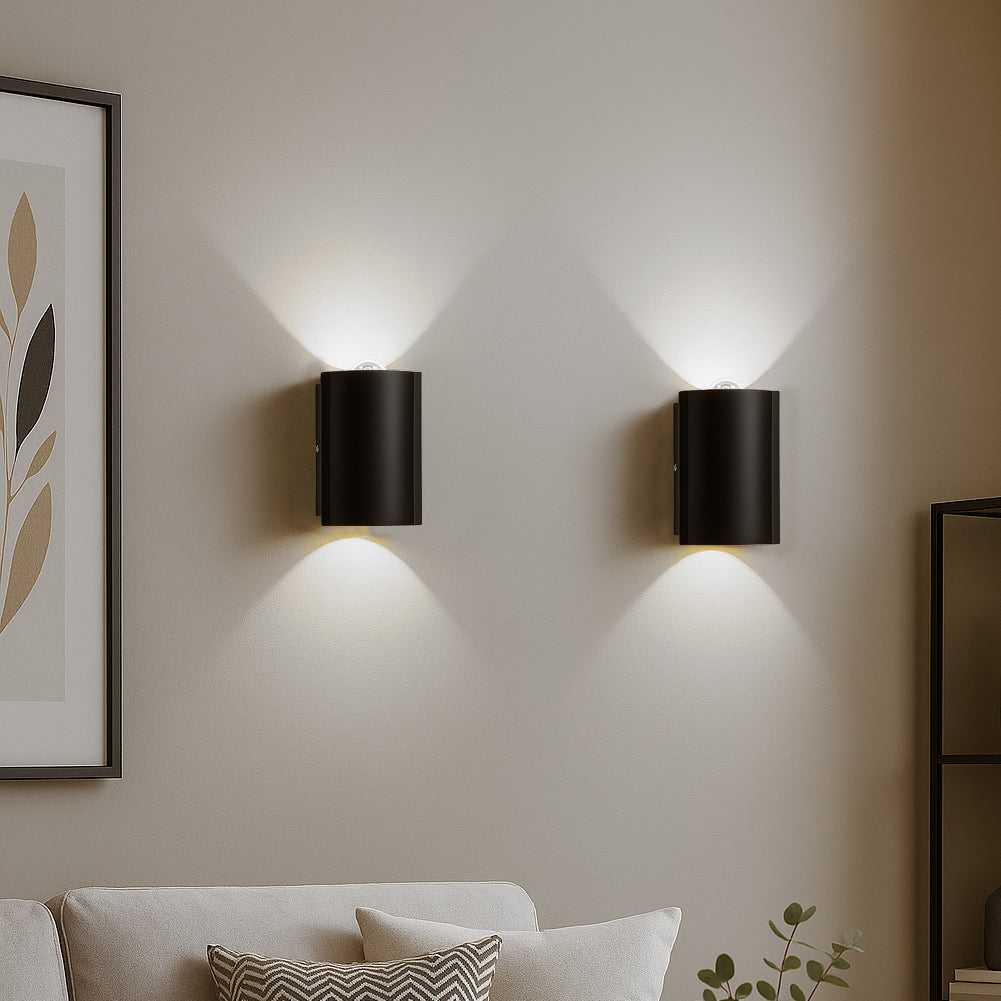 Set 2 Applique da Muro 2 Led Lampada a Parete Nero Luce Bianco Freddo 4x6.5x4cm