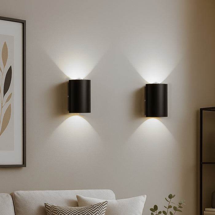 Set 2 Applique da Muro 2 Led Lampada a Parete Nero Luce Bianco Freddo 4x6.5x4cm