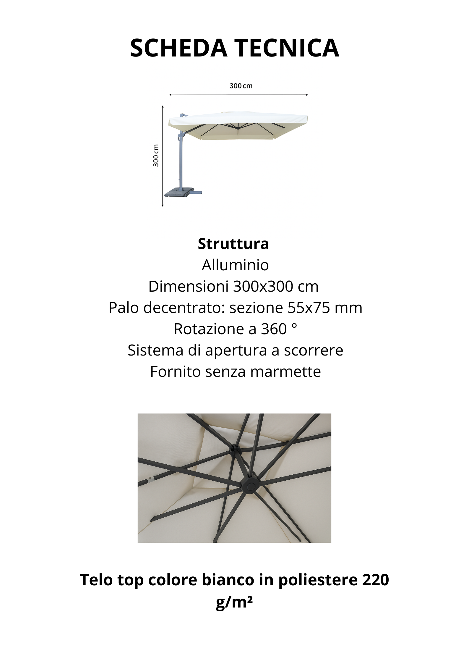 OMBRELLONE DECENTRATO MOD.ROMA MT.3X3 IN ALLUMINIO PER GIARDINO E BORDO PISCINA