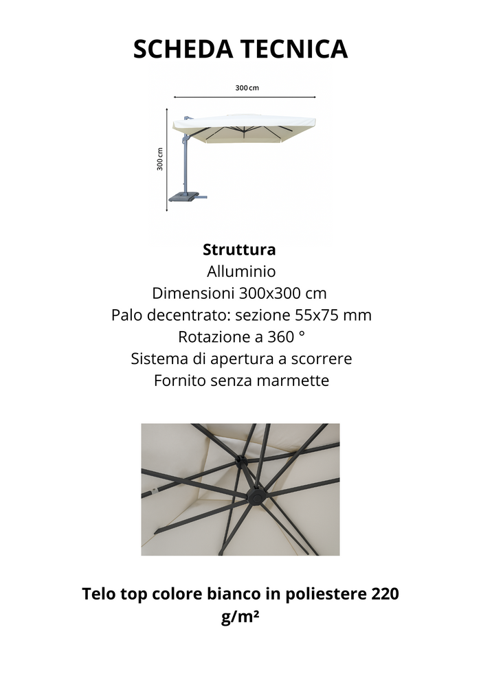 OMBRELLONE DECENTRATO MOD.ROMA MT.3X3 IN ALLUMINIO PER GIARDINO E BORDO PISCINA