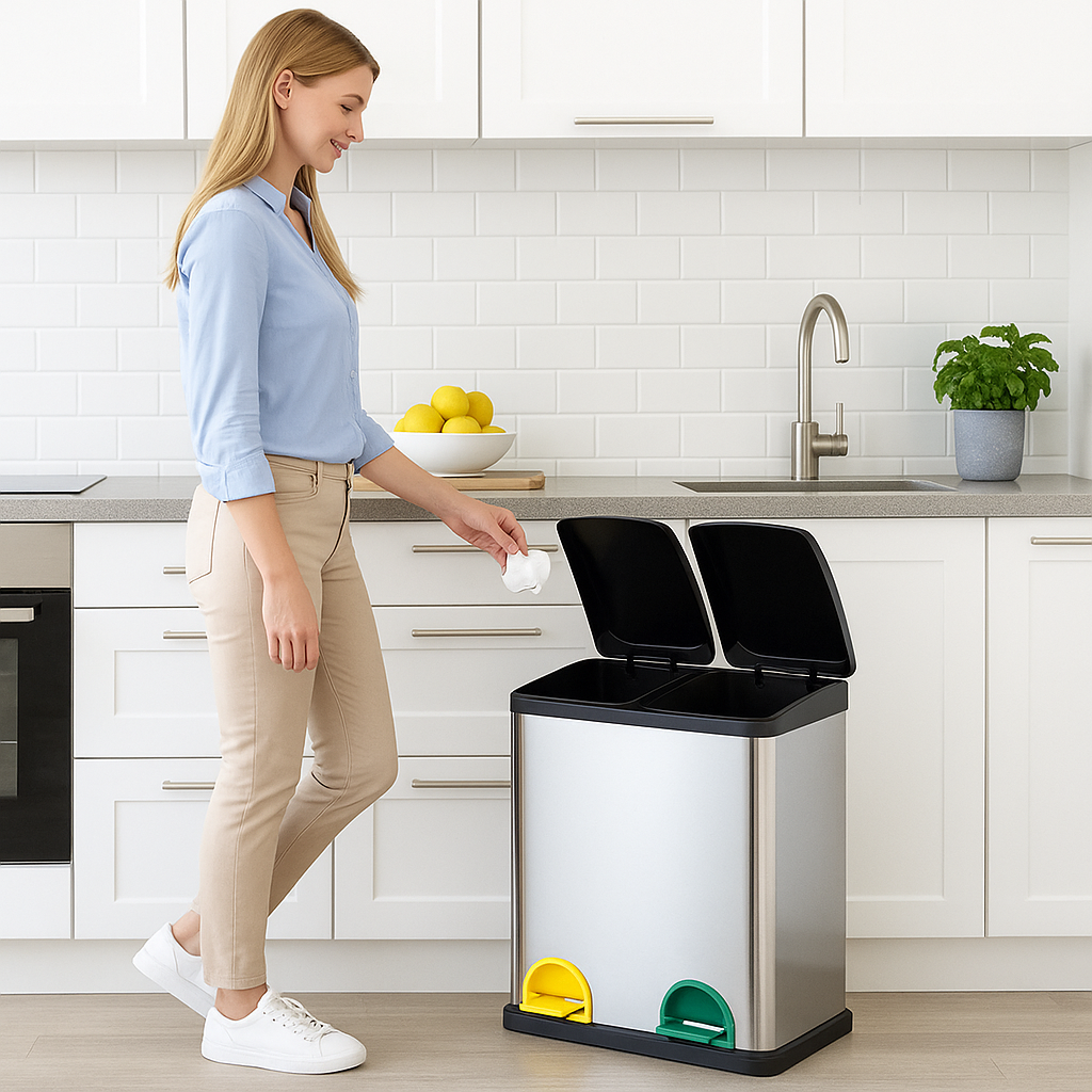 Pattumiera Raccolta Differenziata Acciaio 30LT 2 Scomparti con Pedale Silver Nero