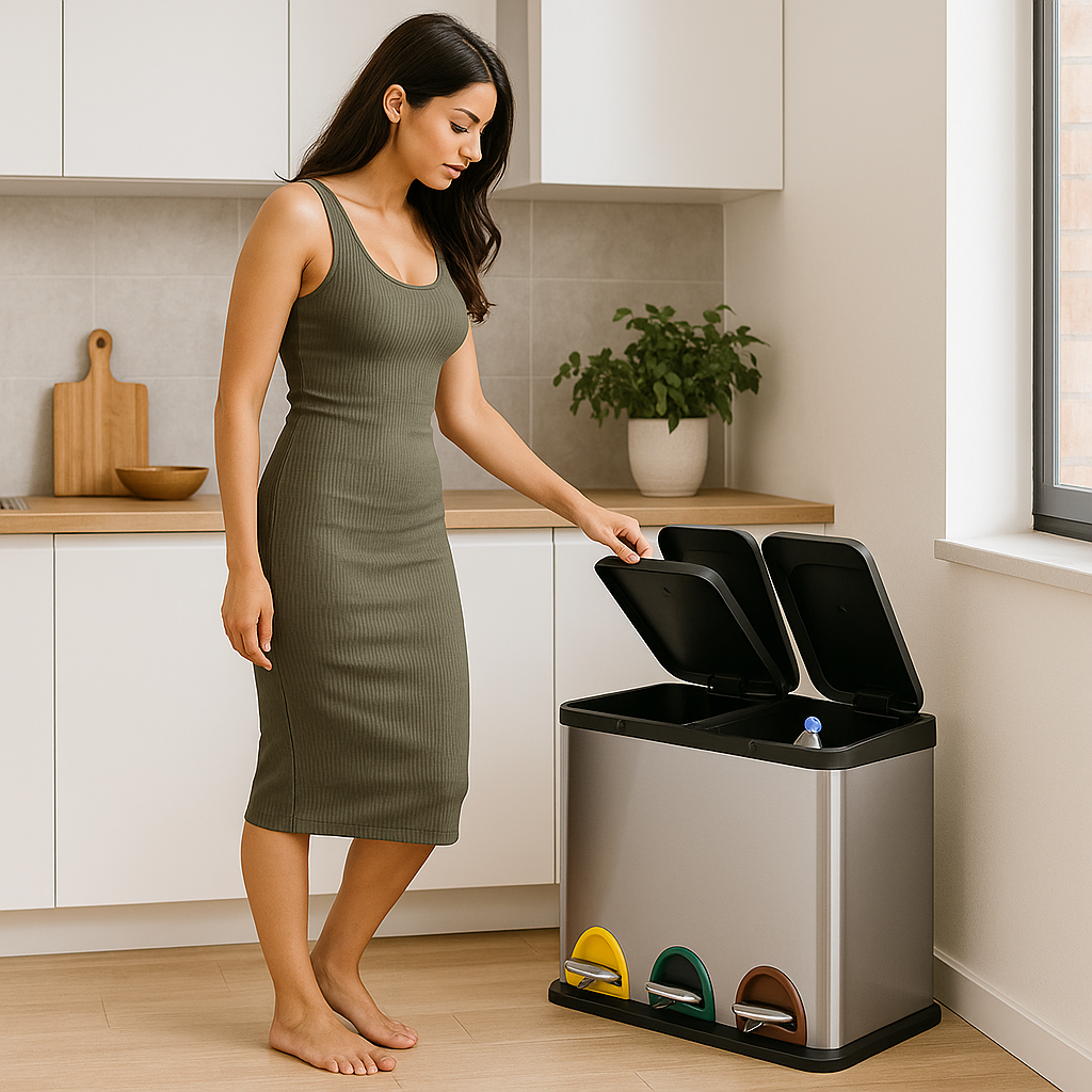 Pattumiera Raccolta Differenziata Acciaio 45LT 3 Scomparti con Pedale Silver Nero