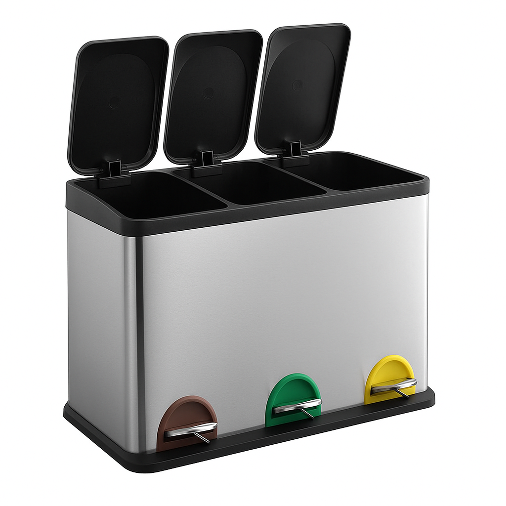 Pattumiera Raccolta Differenziata Acciaio 45LT 3 Scomparti con Pedale Silver Nero