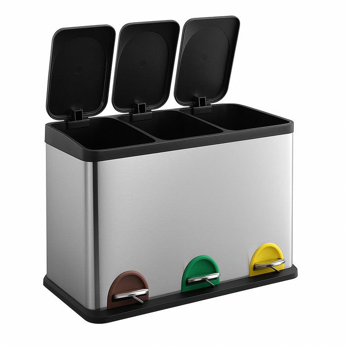 Pattumiera Raccolta Differenziata Acciaio 45LT 3 Scomparti con Pedale Silver Nero