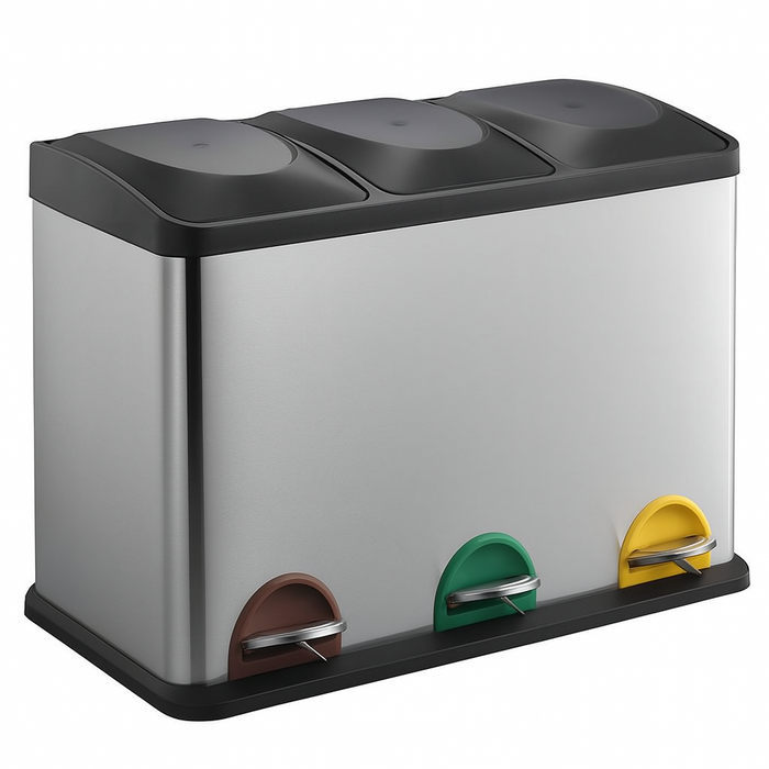 Pattumiera Raccolta Differenziata Acciaio 45LT 3 Scomparti con Pedale Silver Nero
