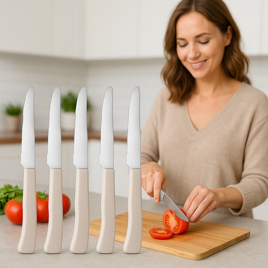 Coltelli da Tavola 24pz Manico in Polipropilene Doppia Affilatura 22cm Tortora