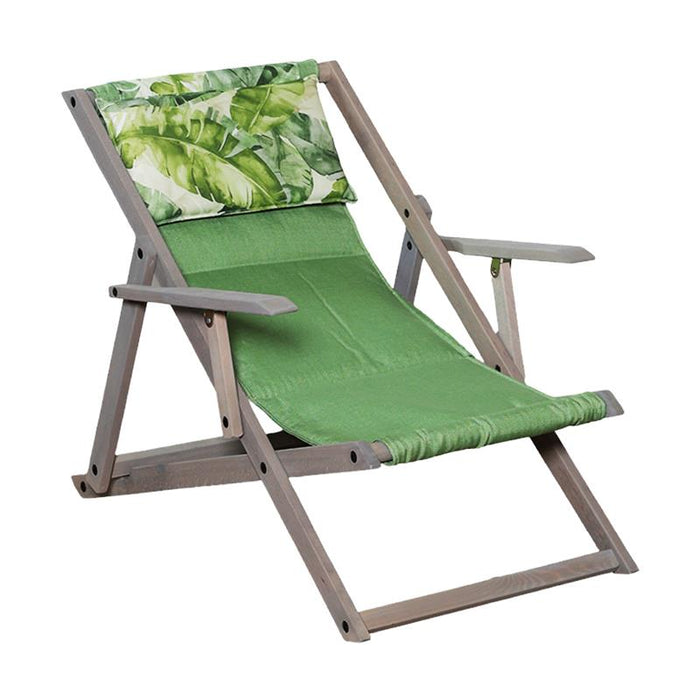 POLTRONA SDRAIO RELAX ZANZIBAR VERDE+FOGLIE 3 POSIZIONI CON BRACCIOLO - STRUTTURA IN FAGGIO + POGGIAPIEDI