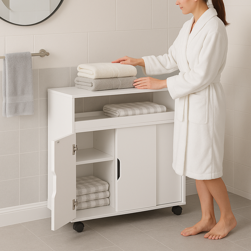 Carrello Portaoggetti Salvaspazio in Legno Bianco con 3Ante e 4Ruote Slim