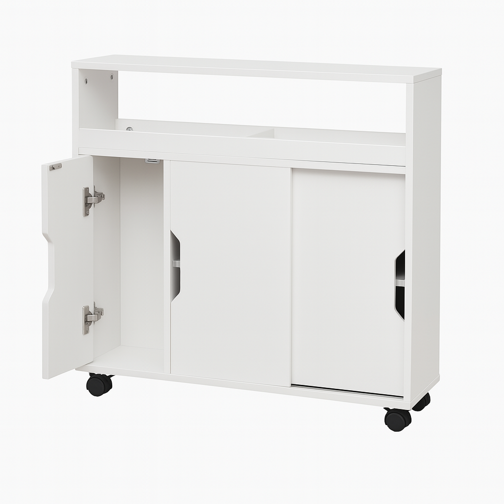 Carrello Portaoggetti Salvaspazio in Legno Bianco con 3Ante e 4Ruote Slim