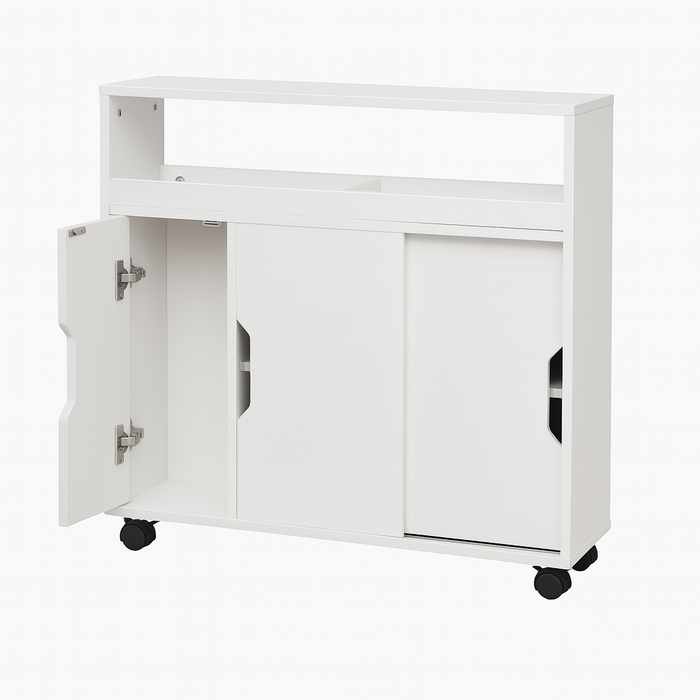 Carrello Portaoggetti Salvaspazio in Legno Bianco con 3Ante e 4Ruote Slim