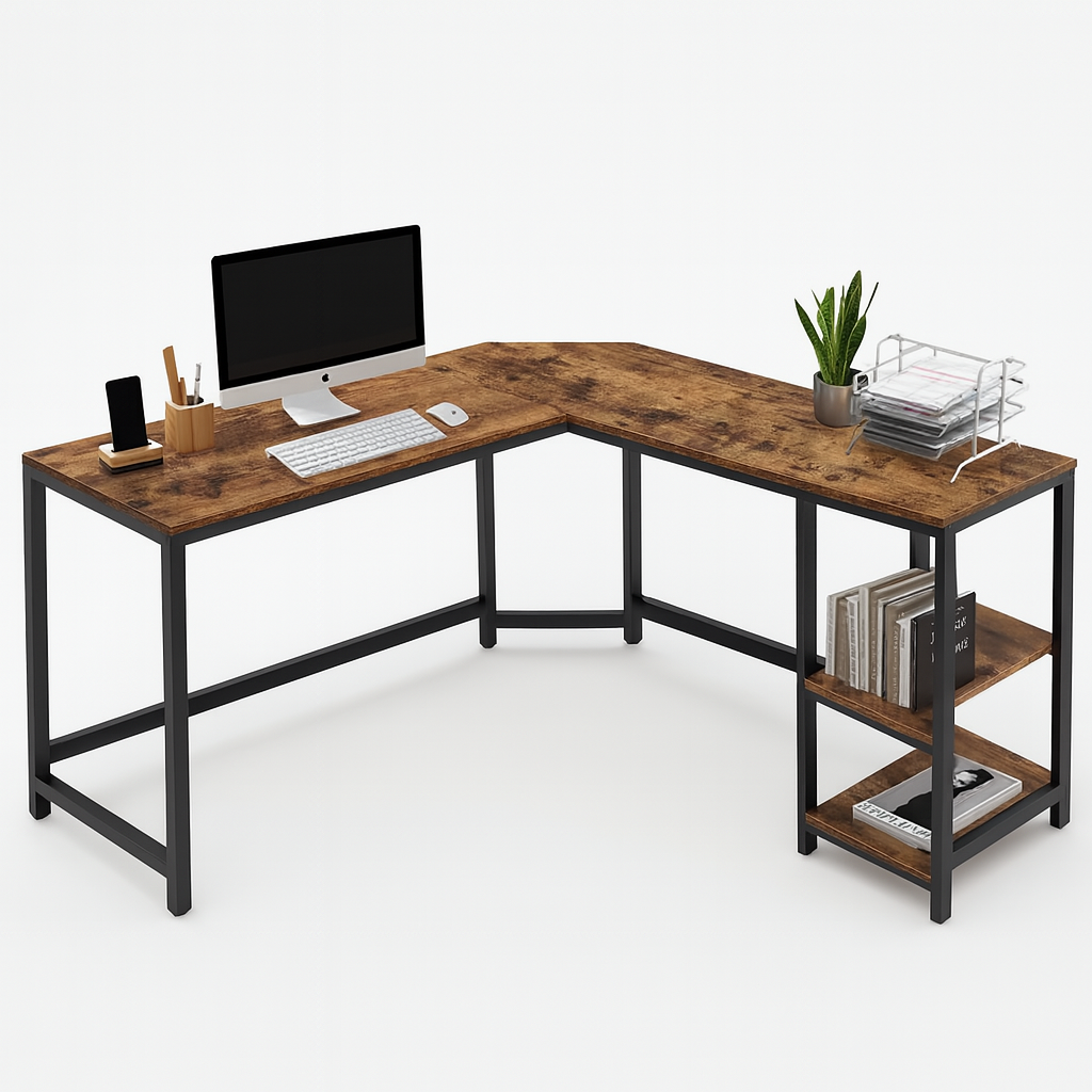 Scrivania Angolare Porta PC Stile Industriale con Libreria in Metallo e Legno mdf