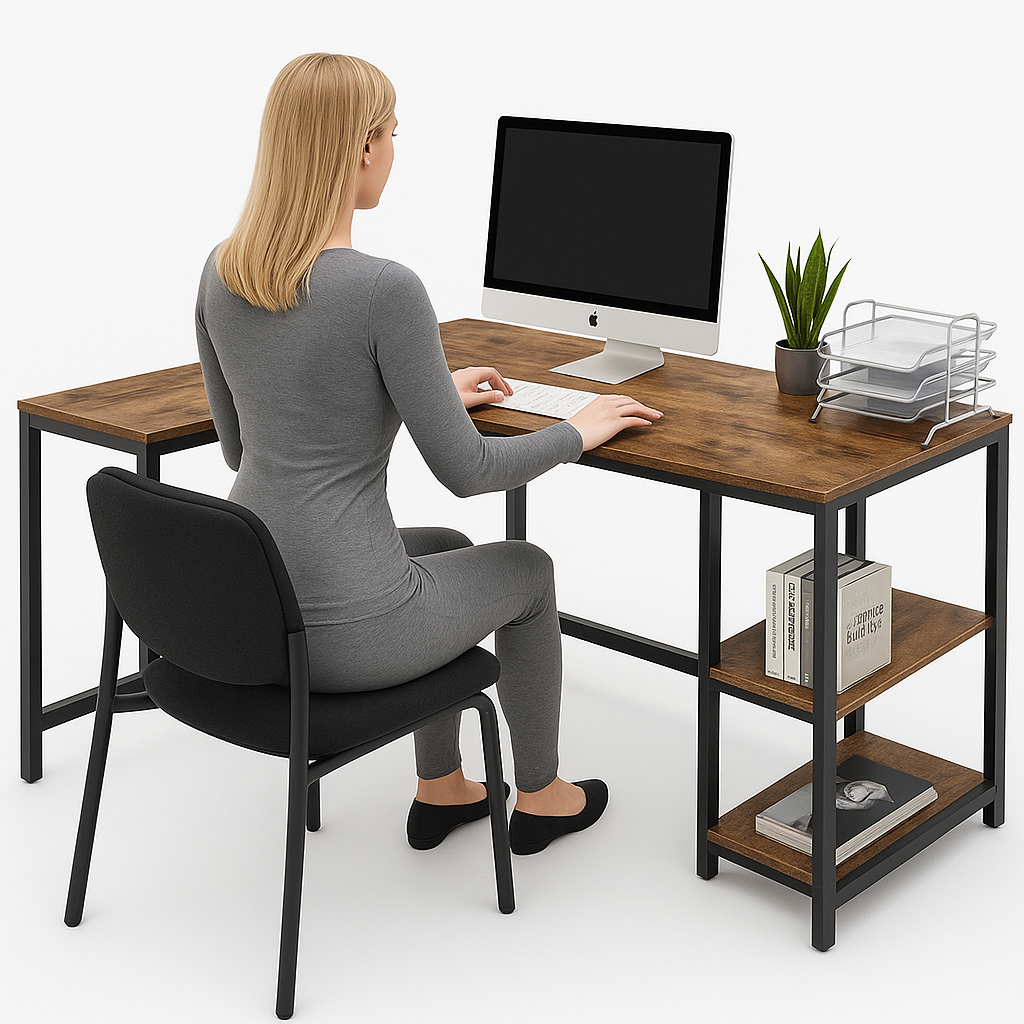 Scrivania Angolare Porta PC Stile Industriale con Libreria in Metallo e Legno mdf