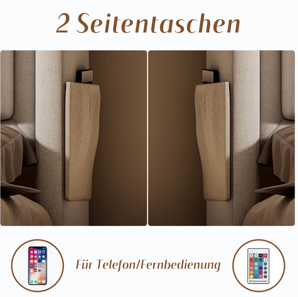 Letto matrimoniale 140x200 cm in tessuto cotone e lino beige con LED; prese e USB-C