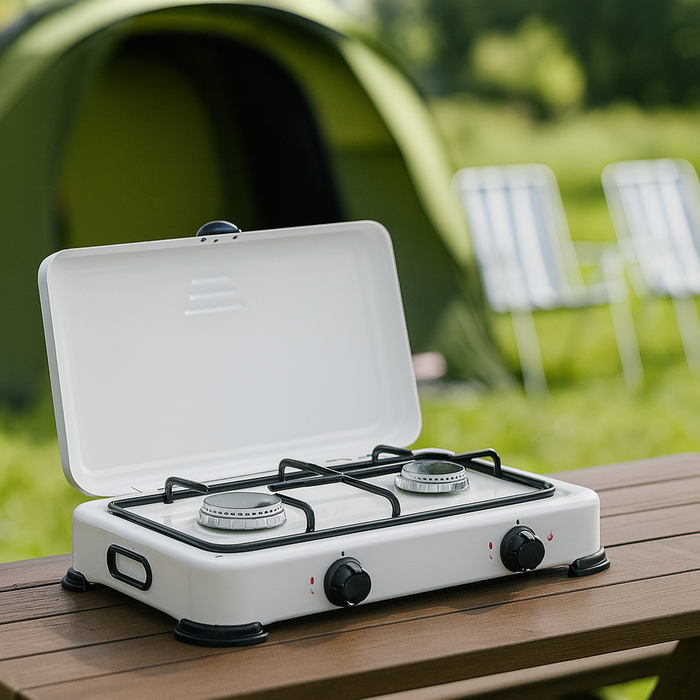 FORNELLO A GAS 2 FUOCHI CON COPERCHIO CAMPING MULTIFIRE 2