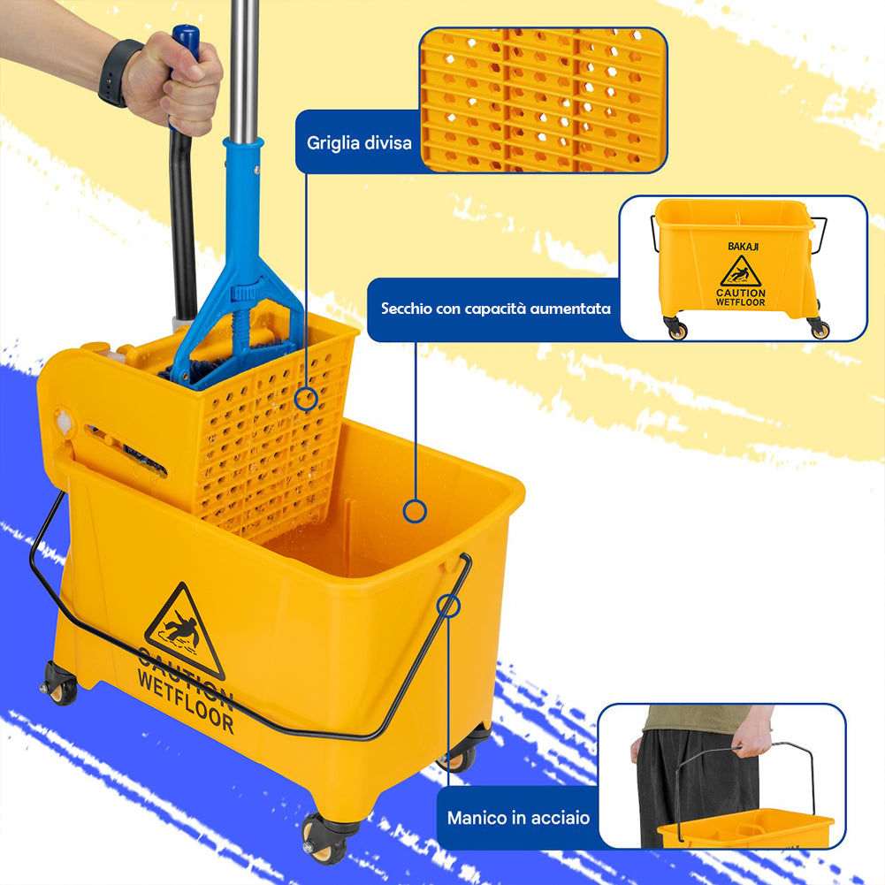 Carrello Pulizie Professionale Secchio Lavapavimenti 20 Lt per Mocio con Ruote