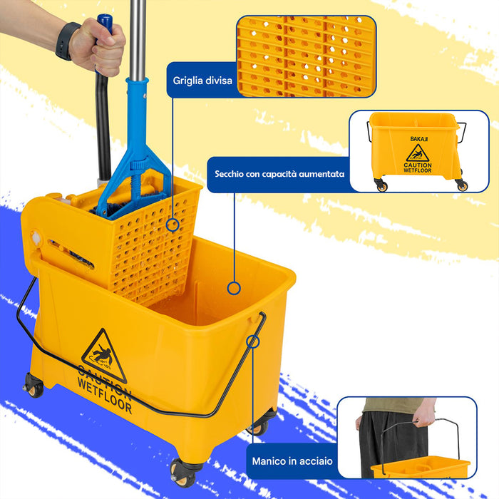 Carrello Pulizie Professionale Secchio Lavapavimenti 20 Lt per Mocio con Ruote
